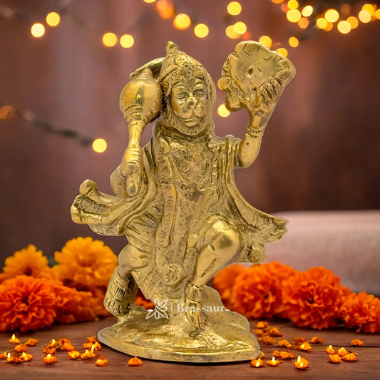 Brassaura™ Brass Hanuman With Mountain Statue Height 4 Inches & Weight 0.6 Kgs | Traditional Temple Idol