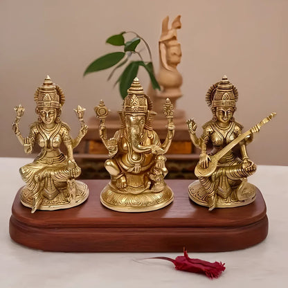 Brassaura™ Brass Laxmi Ganesha Saraswati Idol – Height 7.2 Inches & Weight 4.8 Kgs | Hindu Devotional Idol