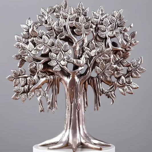 Brassaura™ Pure Brass Handcrafted Silver-Plated Kalpavriksha Tree | Tabletop Tree of Life Showpiece | Weight 1.2 Kgs | Height 9.5 Inches