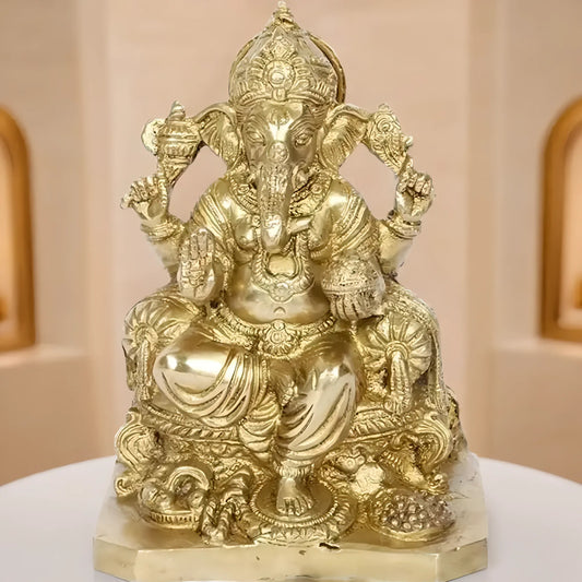 Brassaura™ Brass Gem Stone Work Ganesha Murti – Height 8.27 inches & Weight 1.9 kgs | Traditional Ganpati Murti for Home & Pooja Room