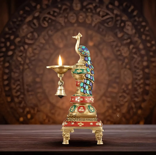 Brassaura™ Pair of Brass Peacock Diya with Meenakari – Height 11 Inches | Traditional Brass Lamps, 2.85 Kgs
