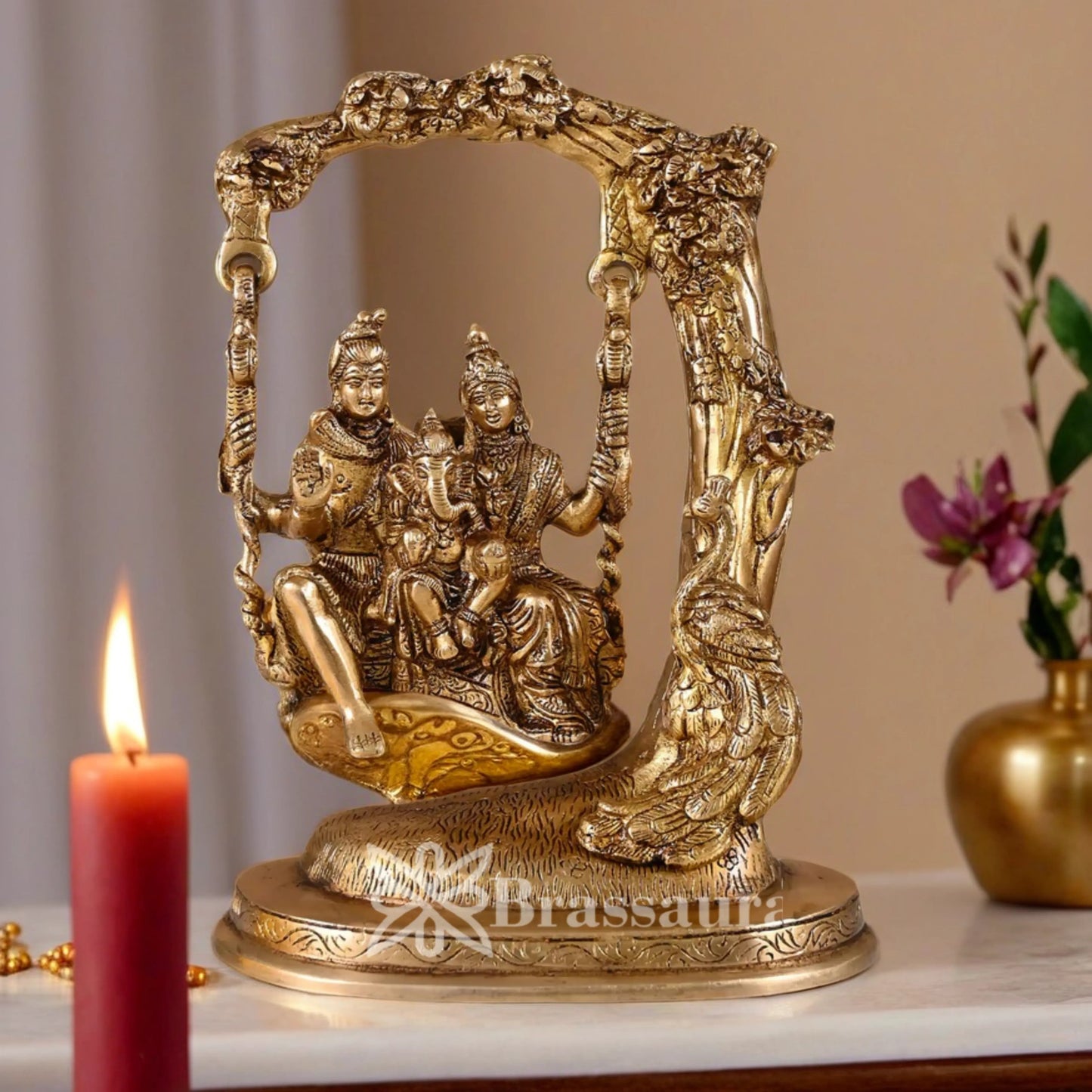 Brassaura™ Brass Shiv Family With Tree – Height 10 Inches & Weight 3.04 Kgs | Divine Handcrafted Sculpture for Temple & Home Décor