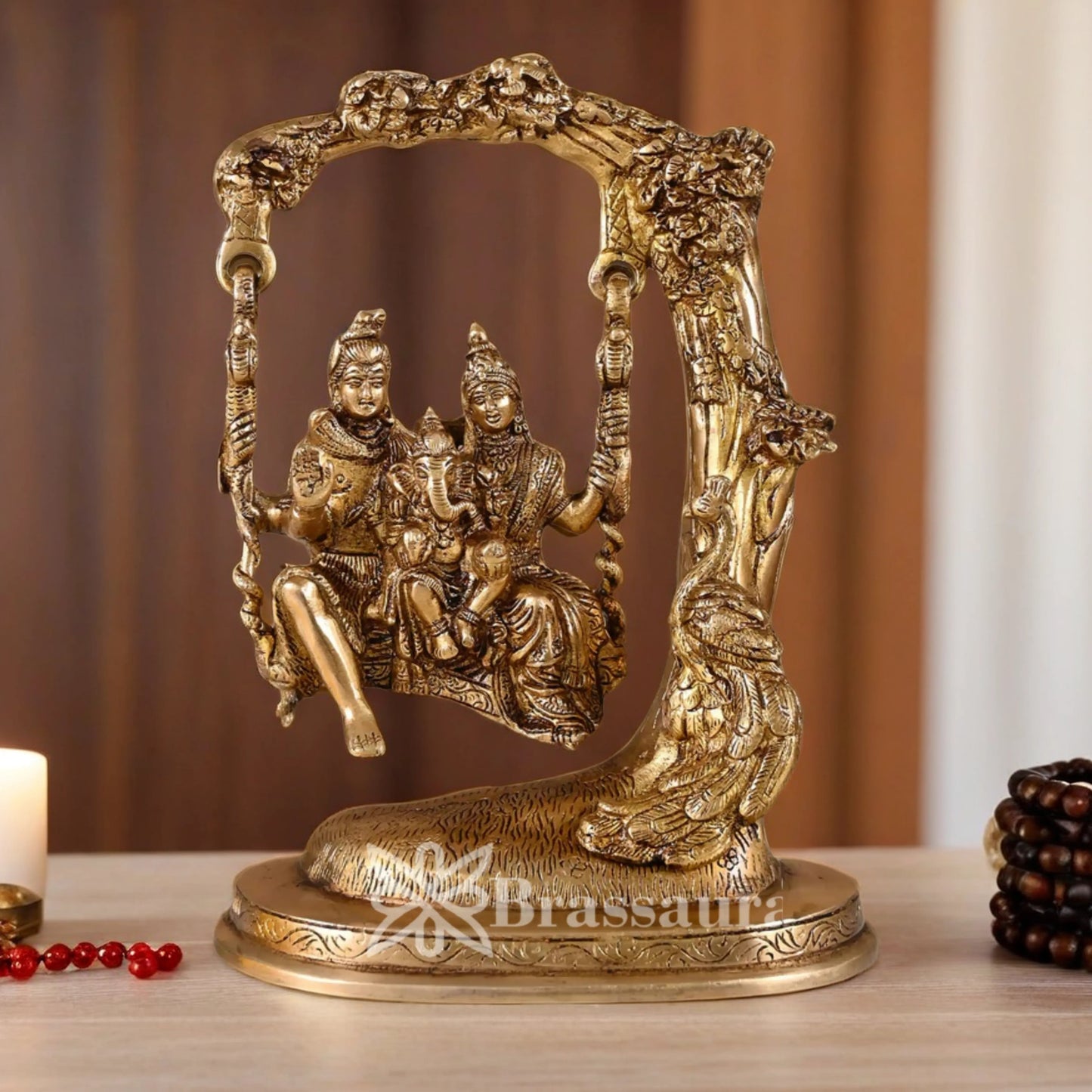 Brassaura™ Brass Shiv Family With Tree – Height 10 Inches & Weight 3.04 Kgs | Divine Handcrafted Sculpture for Temple & Home Décor