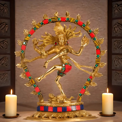 Brassaura™ Brass Multicolor Stone Handwork Nataraja Idol | Height 8.5 Inches & Weight 1.2 Kgs