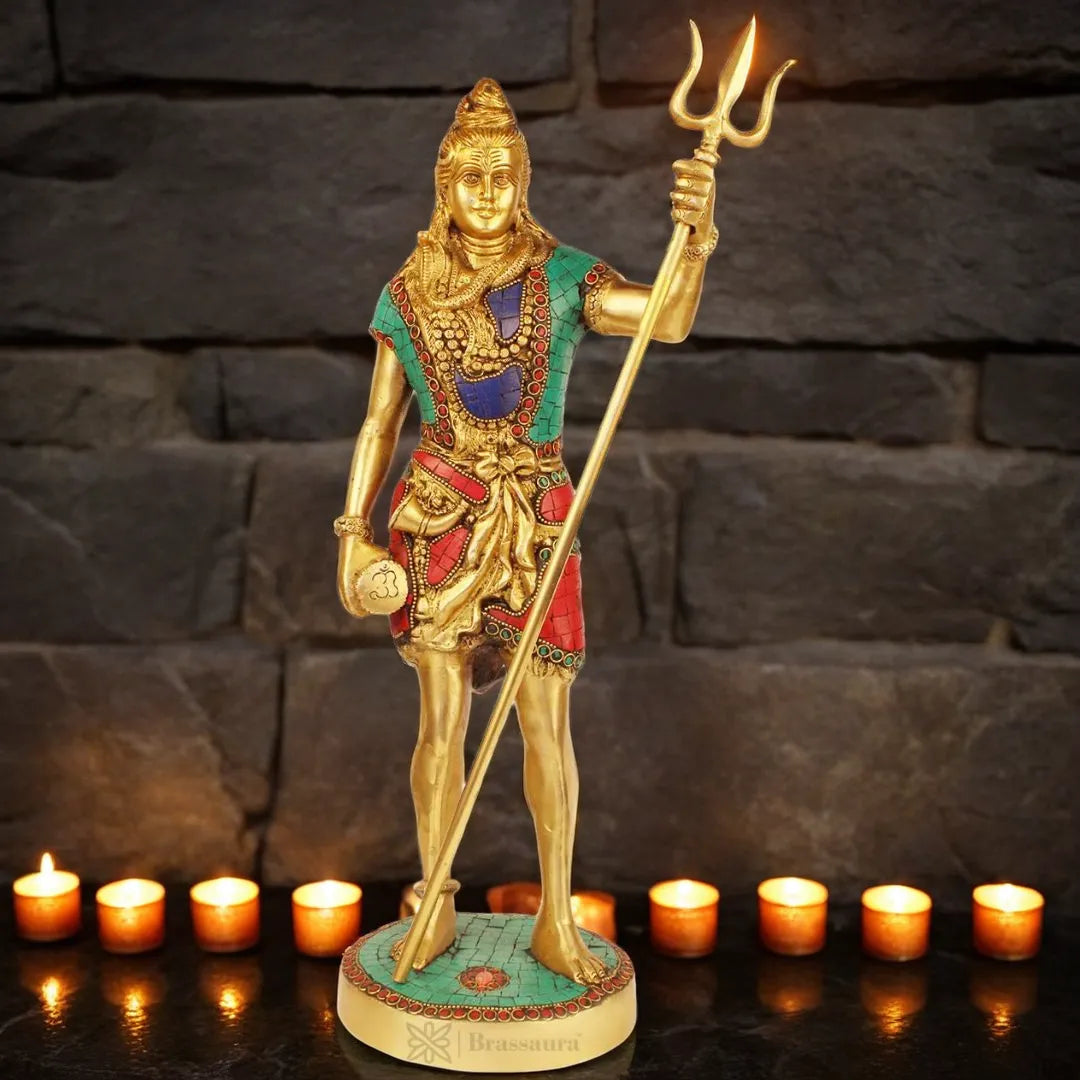 Brassaura™ Brass Gem Stone Work Standing Shiva Murti – Height 19.2 Inches & Weight 6.1 Kgs | Classic Idol