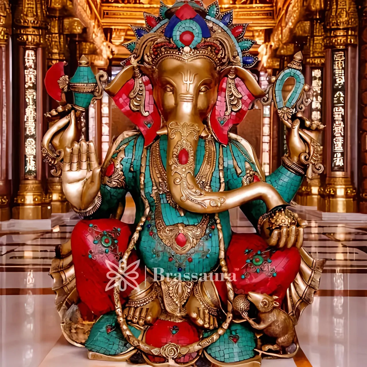 Brassaura™ Brass Gem Stone Work Ganesha Statue for Home Décor & Gift | Weight 56 Kgs | Height 28 Inches