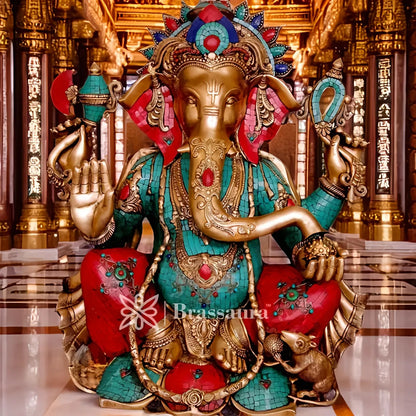 Brassaura™ Brass Gem Stone Work Ganesha Statue for Home Décor & Gift | Weight 56 Kgs | Height 28 Inches