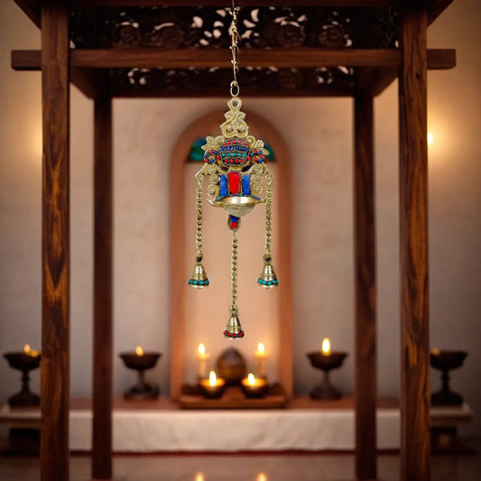 Brass Gem Stone Work Hanging Diya Vastu Decoration Weight 0.85 Kg Height 15.7 inches
