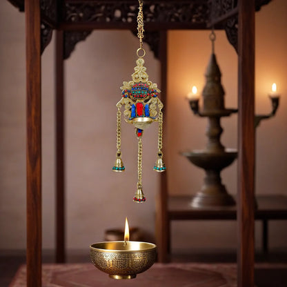 Brass Gem Stone Work Hanging Diya Vastu Decoration Weight 0.85 Kg Height 15.7 inches