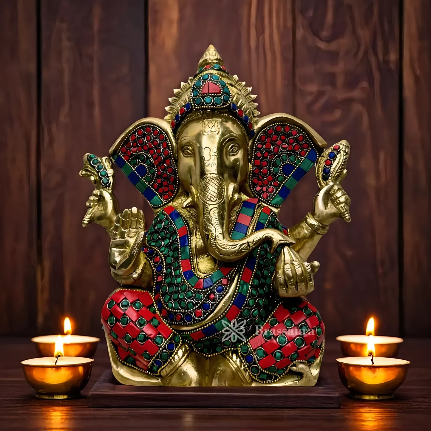 Brassaura™ Brass Gem Stone Work Ganesha Statue | Handcrafted Brass Idol | Height 35 cm & Weight 5.6 Kgs