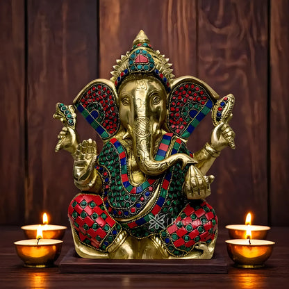 Brassaura™ Brass Gem Stone Work Ganesha Statue | Handcrafted Brass Idol | Height 35 cm & Weight 5.6 Kgs