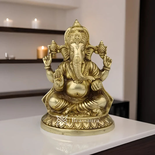 Brassaura™ Brass Ganesha Statue – “Bestower of Wisdom” | Height 8 Inches & Weight 2.5 Kgs