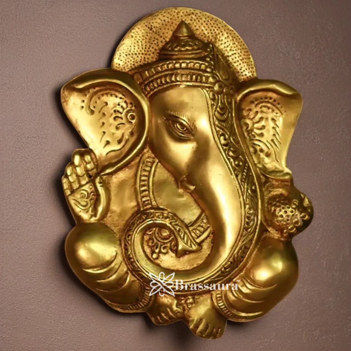 Brassaura™ Elegant Brass Ganesha Wall Hanging – Height 10 Inches & Weight 2 Kgs | Puja Room Accent