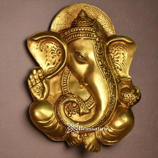 Brassaura™ Elegant Brass Ganesha Wall Hanging – Height 10 Inches & Weight 2 Kgs | Puja Room Accent