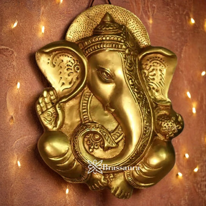 Brassaura™ Elegant Brass Ganesha Wall Hanging – Height 10 Inches & Weight 2 Kgs | Puja Room Accent