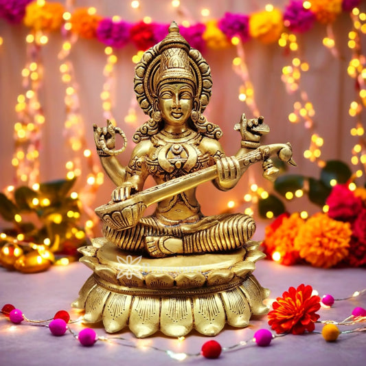 Brassaura™ Classic Brass Saraswati Murti – Height 11 Inches & Weight 5 Kgs | Sacred Home Accent