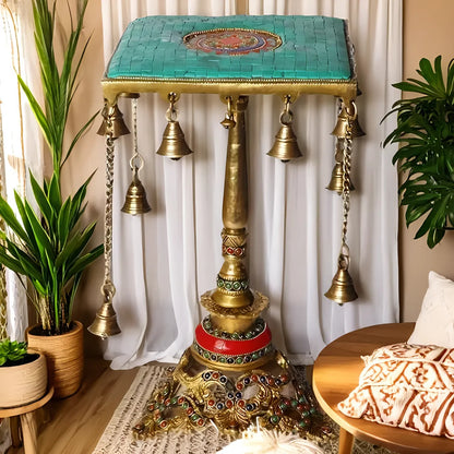 Brassaura™ Brass Pooja Chowki With Hanging Bells – Height 9.2 Inches & Weight 5 Kgs | Traditional Temple Accent