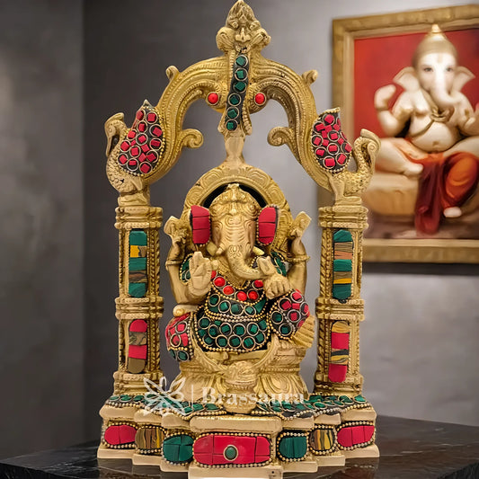Brassaura™ Brass Gem Stone Work Ganesha Idol for Home and Decor | Weight 2.5 Kgs | Height 9.8 Inches