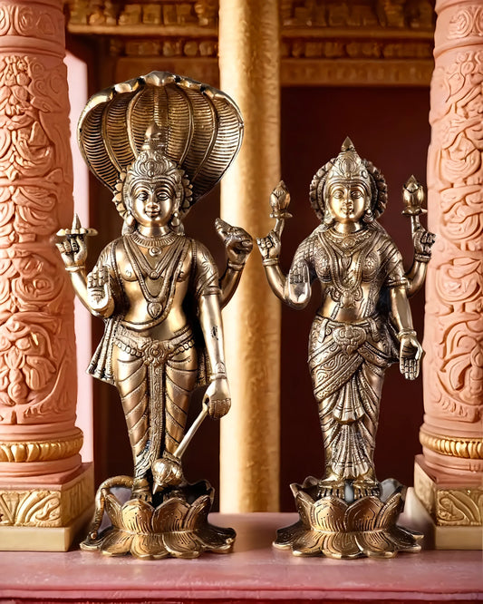 Brassaura™ Vishnu-Lakshmi Brass Idols Pair – 13kg, 17.5-Inch – Symbol of Divine Grace & Eternal Blessings for Home Temple & Spiritual Decor