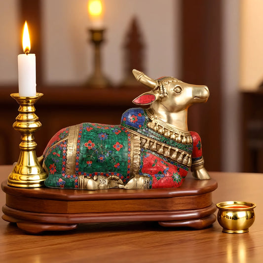 Brassaura™ Brass Nandi Idol with Stonework – Height 13.5 Inches & Weight 20 Kgs | Traditional Temple Decor