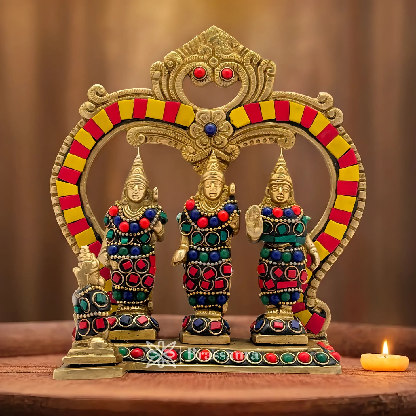 Brassaura™ Brass Gem Stone Work Ram Darbar Idol – Height 7 Inches & Weight 1 Kgs | Divine Home Temple Accent of Lord Ram & Family