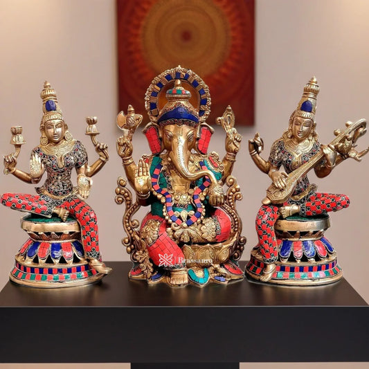 Brass Gem Stone Work Laxmi Ganesha Saraswati Murti for Home and Decor Height 12 Inches & Weight 20 Kgs