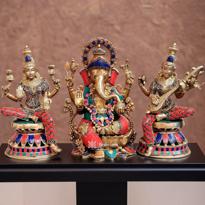 Brass Gem Stone Work Laxmi Ganesha Saraswati Murti for Home and Decor Height 12 Inches & Weight 20 Kgs
