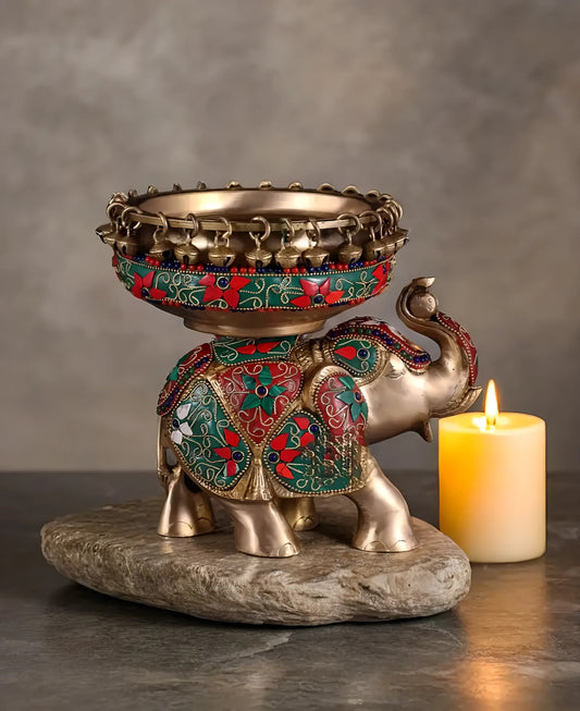 Brassaura™ Decorative Brass Elephant Urli Bowl – 3 Kg, 7.5 Inch Height – Floating Diya Bowl for Living Room & Entrance Decor