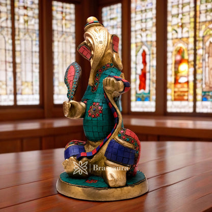 Brassaura™ Brass Gem Stone Work Ganesha Idol for Home and Decor | Weight 4.4 Kgs | Height 12 Inches