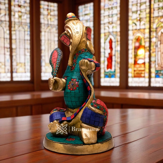 Brassaura™ Brass Gem Stone Work Ganesha Idol for Home and Decor | Weight 4.4 Kgs | Height 12 Inches