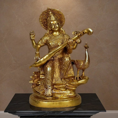 Brassaura™ Brass Saraswati Idol – Height 15 Inches & Weight 10 Kgs | Elegant Home & Temple Décor