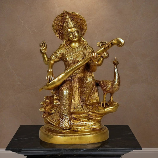 Brassaura™ Brass Saraswati Idol – Height 15 Inches & Weight 10 Kgs | Elegant Home & Temple Décor