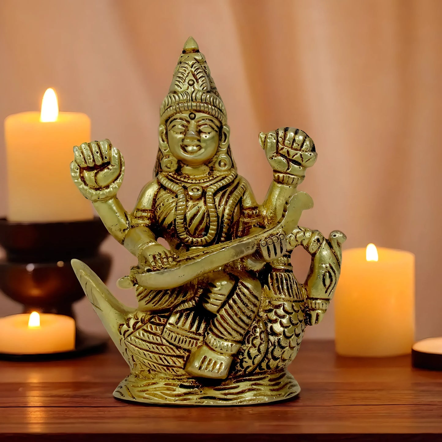 Brassaura™ Brass Saraswati Figurine – Height 5.6 Inches & Weight 0.48 Kgs | Artistic Goddess Statue