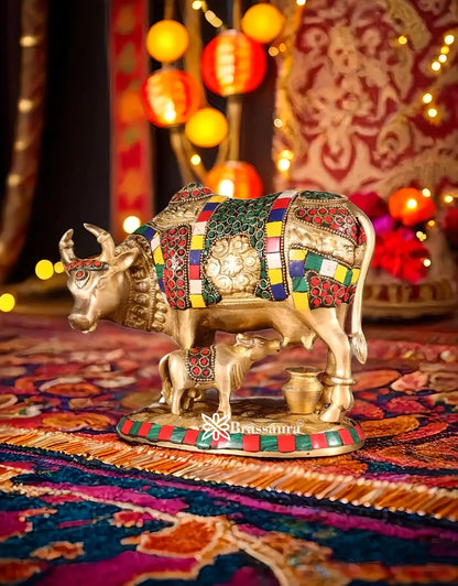 Brassaura™ Brass Cow & Calf Statue with BudShiv Meenakari Stonework – Height 7 Inches & Weight 3.25 Kgs