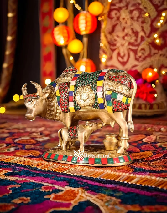 Brassaura™ Brass Cow & Calf Statue with BudShiv Meenakari Stonework – Height 7 Inches & Weight 3.25 Kgs