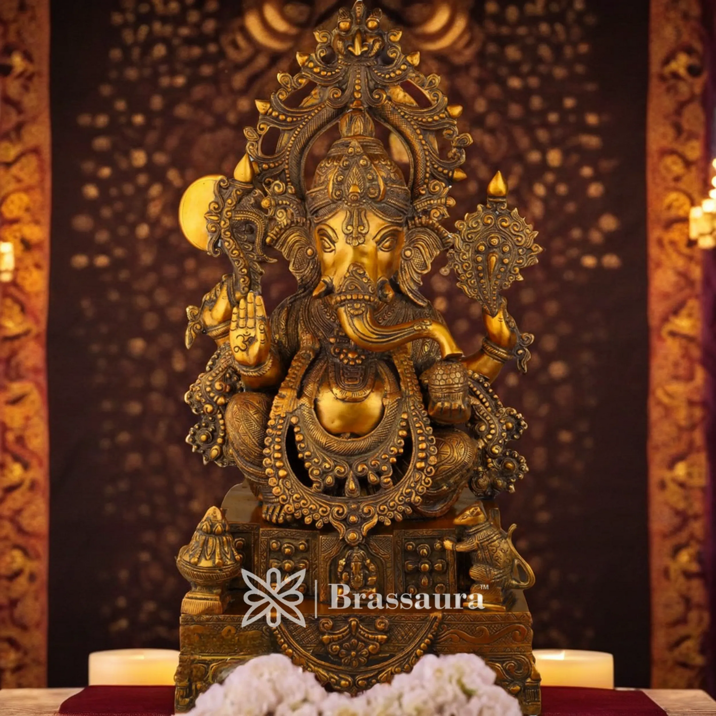 Brassaura™ Brass Ganesha Statue for Home Décor & Gift | Weight 60 Kgs | Height 33 Inches