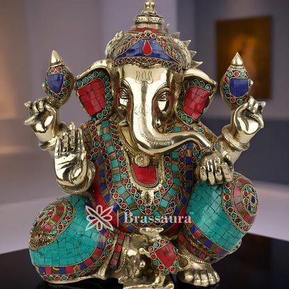 Brassaura™ Brass Gem Stone Work Ganesha Idol for Home Décor | Weight 12.9 Kgs | Height 13 Inches