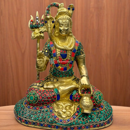 Brassaura™ Brass Shiva Idol Adorned with Gem Stones –– Height 11.2 Inches & Weight 4.5 Kgs | Traditional Décor