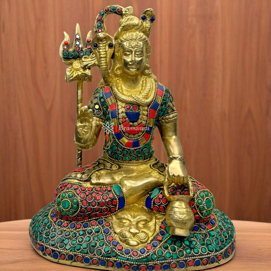 Brassaura™ Brass Shiva Idol Adorned with Gem Stones –– Height 11.2 Inches & Weight 4.5 Kgs | Traditional Décor