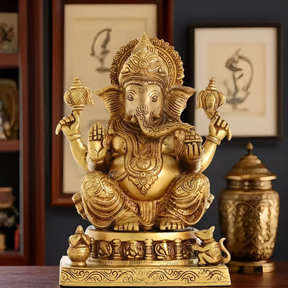 Brassaura™ Brass Lord Ganesha Statue | Ashtavinayaka Engraving | Height 10.5 Inches & Weight 6.5 Kgs