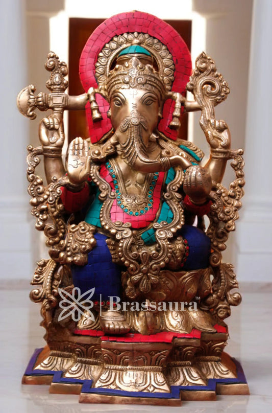 Brassaura™ Brass Gem Stone Work Ganesha Idol for Home and Decor | Weight 19 Kgs | Height 19 Inches