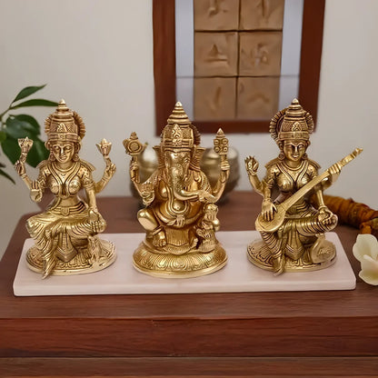 Brassaura™ Brass Laxmi Ganesha Saraswati Idol – Height 7.2 Inches & Weight 4.8 Kgs | Hindu Devotional Idol