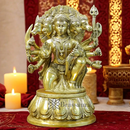 Brassaura™ Handcrafted Superfine Brass Panchmukhi Hanuman Idol – Height 13.5 Inches & Weight 9 Kgs | Heat-Treated Golden Permanent Finish