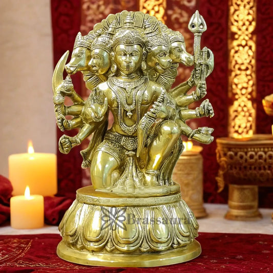 Brassaura™ Handcrafted Superfine Brass Panchmukhi Hanuman Idol – Height 13.5 Inches & Weight 9 Kgs | Heat-Treated Golden Permanent Finish