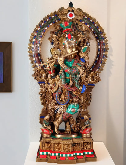 BrassAura™ Pure Superfine Brass Krishna Statue with Large Prabhavali Frame – Intricate Stonework | Height 33 Inch | Weight 35 Kg