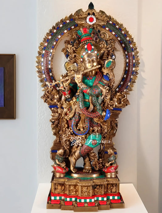 BrassAura™ Pure Superfine Brass Krishna Statue with Large Prabhavali Frame – Intricate Stonework | Height 33 Inch | Weight 35 Kg
