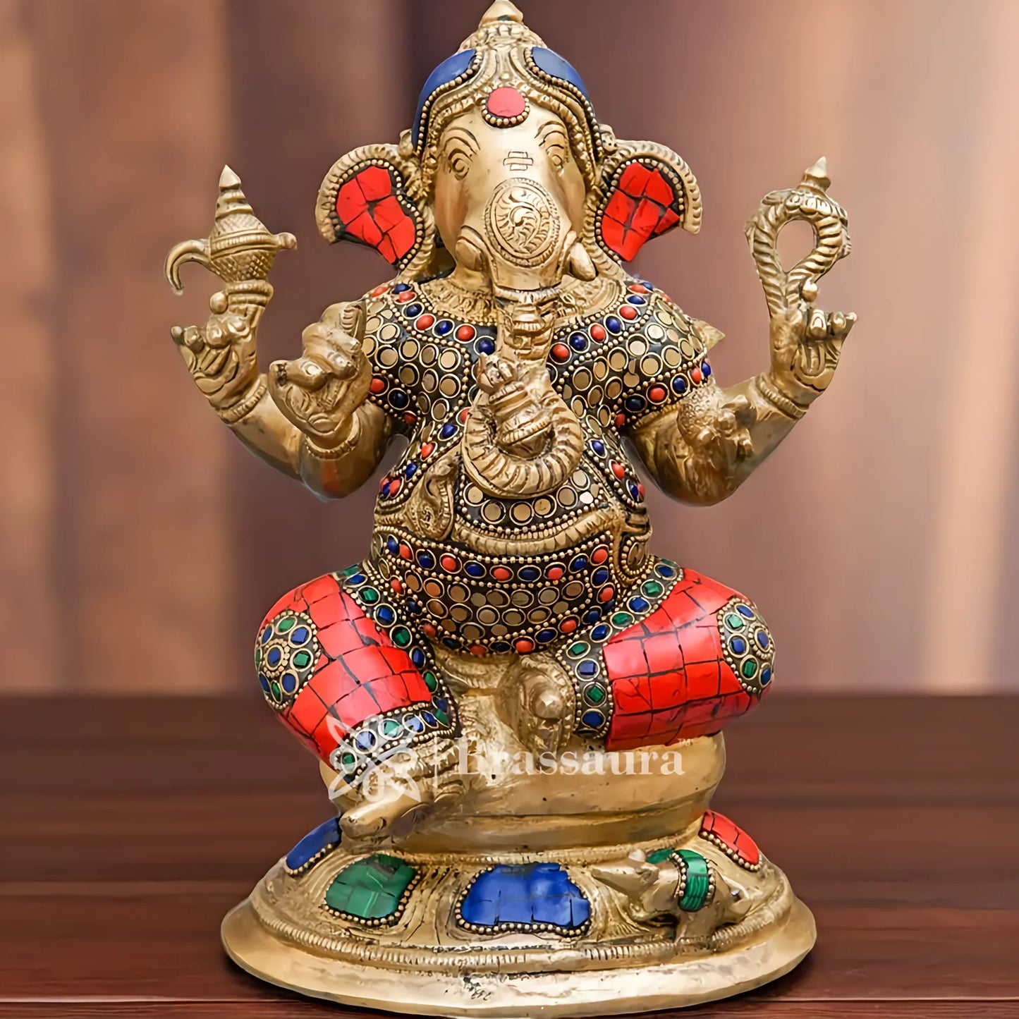 Brassaura™ Brass Gem Stone Work Ganesha Idol for Home and Decor | Weight 2.8 Kgs | Height 9 Inches
