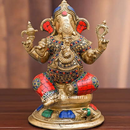 Brassaura™ Brass Gem Stone Work Ganesha Idol for Home and Decor | Weight 2.8 Kgs | Height 9 Inches