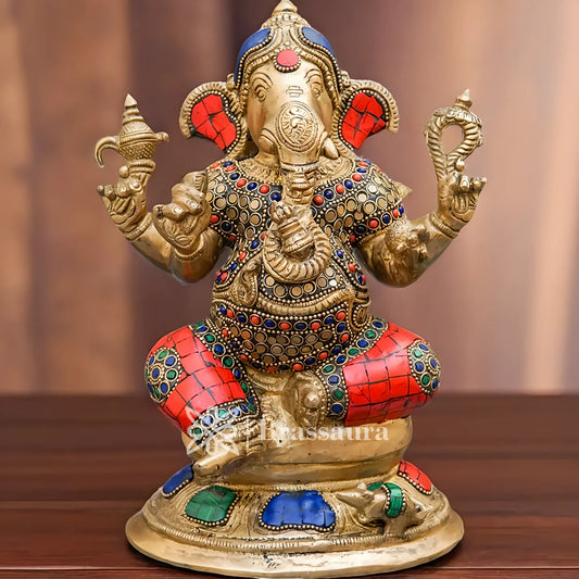 Brassaura™ Brass Gem Stone Work Ganesha Idol for Home and Decor | Weight 2.8 Kgs | Height 9 Inches