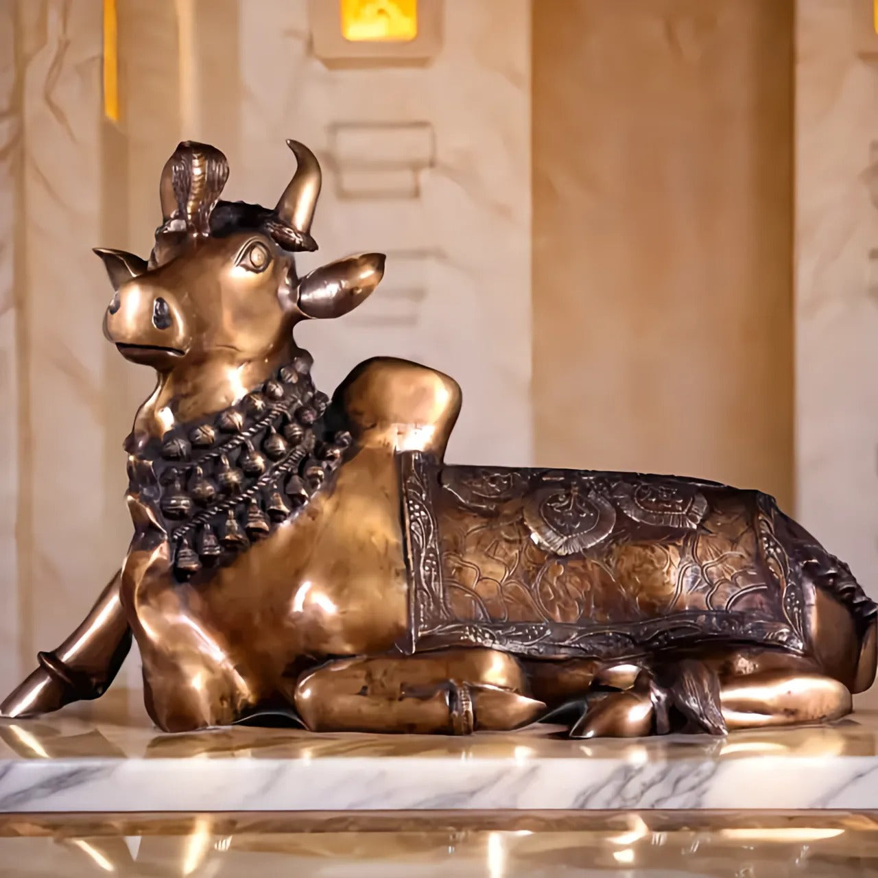 Brassaura™ Pure Brass Nandi Statue with Vasuki Naga | Handcrafted Traditional Sculpture | Weight 17.53 Kgs | Height 17.5 Inches